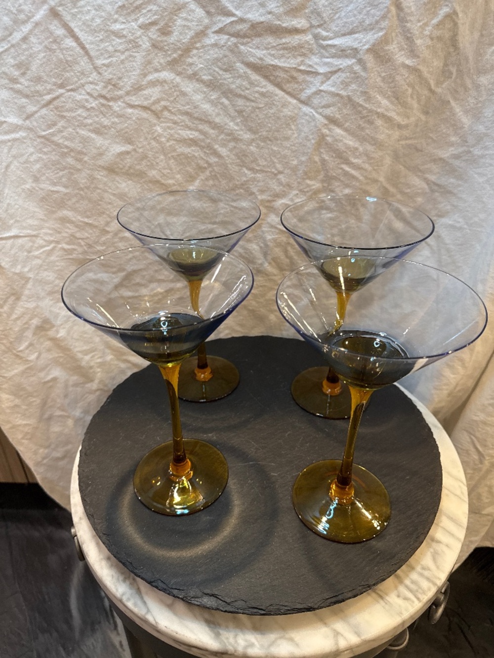 Vintage Pier One Set of Four Hand Blown Martini Glasses Amber Stem Blue Bowl